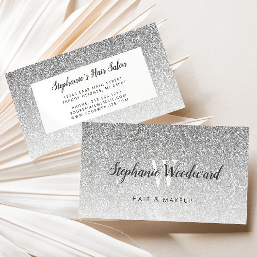 Chic Silver Ombre Glitter Monogram Hair Salon Visitekaartje