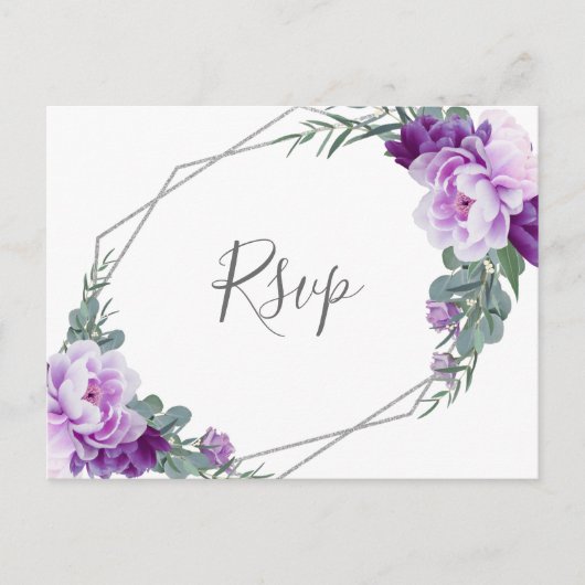 Chic Silver Paarse Floral Eucalyptus Wedding RSVP Briefkaart (Voorkant)