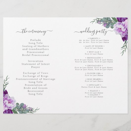 Chic Silver Paarse Floral vouded Wedding Programme (Achterkant)
