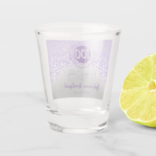Chic Silver & Paarse Glitter 100e Verjaardag Gift Shot Glas (Achterkant)