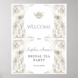 Chic Silver Peacock Bruids Tea Party Welkomstbord Poster