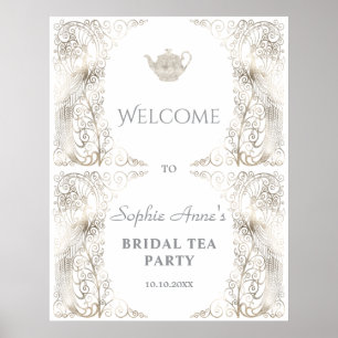 Chic Silver Peacock Bruids Tea Party Welkomstbord Poster