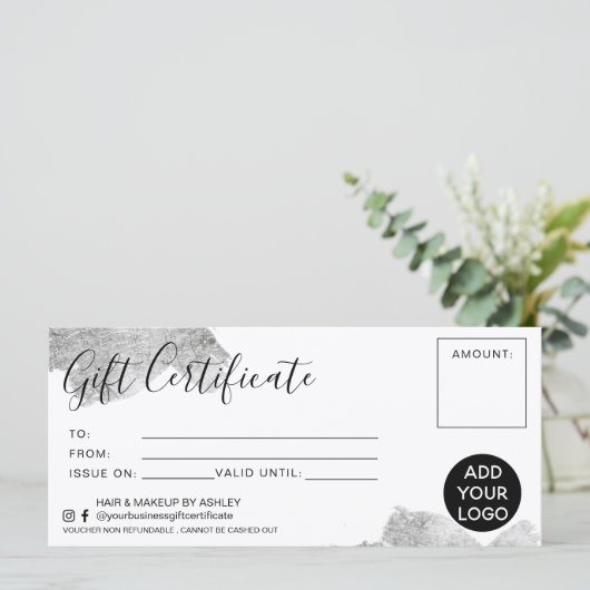 Chic Silver-penseelstreek folie gift certificaat l (Staand voorkant)