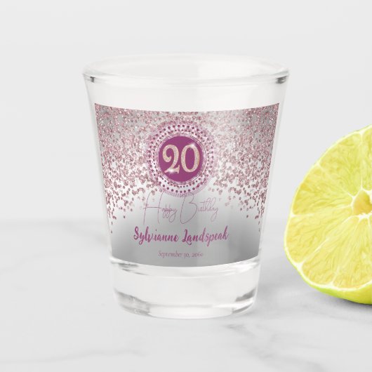Chic Silver & Roos Gold Glitter 20e Verjaardag Gif Shot Glas (Voorkant)
