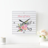 Chic Silver Scissors Hair Salon Stripes en Rozen Vierkante Klok (Huis)