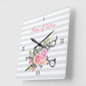 Chic Silver Scissors Hair Salon Stripes en Rozen Vierkante Klok (Hoek)