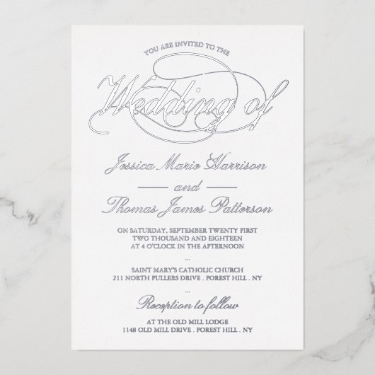 Chic Silver Script Wedding Real Folie Uitnodiging (Voorkant)