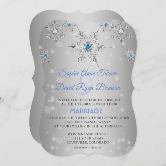 Chic Silver Snowflakes Crystal Blue Pearls Weddens Kaart (Voorkant / Achterkant)