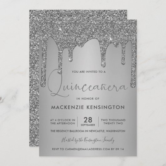 Chic Silver Sparkle Glitter Drift Quinceañera Kaart (Voorkant / Achterkant)