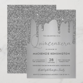 Chic Silver Sparkle Glitter Drift Quinceañera Kaart