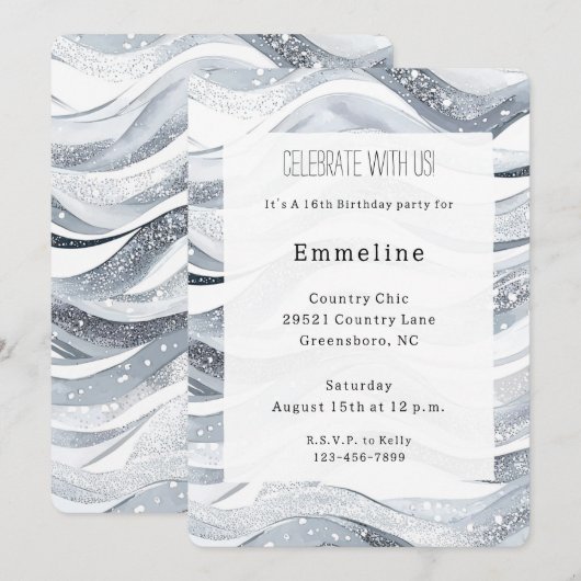 Chic Silver Sparkle Waves Verjaardag Kaart (Voorkant / Achterkant)