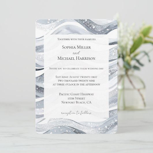 Chic Silver Sparkle Waves Wedding Kaart (Staand voorkant)