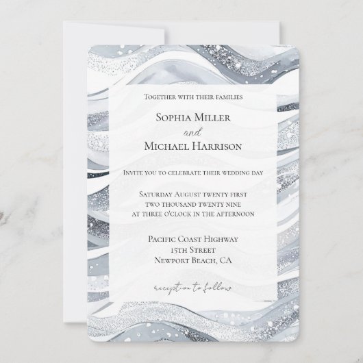 Chic Silver Sparkle Waves Wedding Kaart (Voorkant)