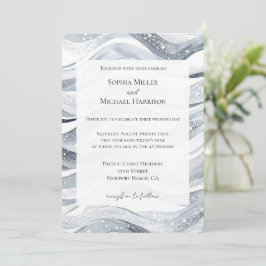 Chic Silver Sparkle Waves Wedding Kaart