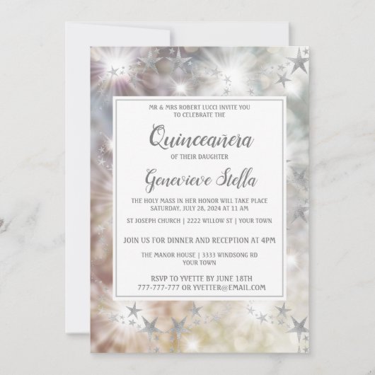 Chic Silver Stars Quinceanera Uitnodiging (Voorkant)