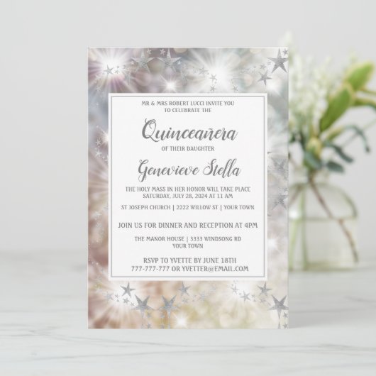 Chic Silver Stars Quinceanera Uitnodiging (Staand voorkant)