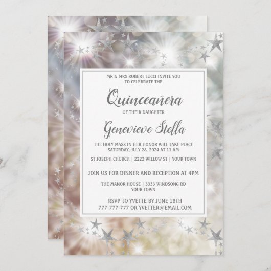 Chic Silver Stars Quinceanera Uitnodiging (Voorkant / Achterkant)
