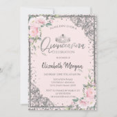 Chic Silver Tiara, Diamond Pink Flowers Quinceañer Kaart (Voorkant)