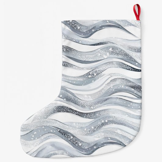 Chic Silver White Wavy Stripes Christmas   Grote Kerstsok (Achterkant)