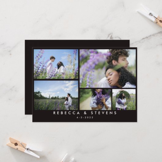 Chic Simple 5 Photo Collage Black White Wedding Kaart (Voorkant / Achterkant in situ)