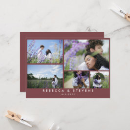 Chic Simple 5 Photo Collage Brick Red Wedding Kaart