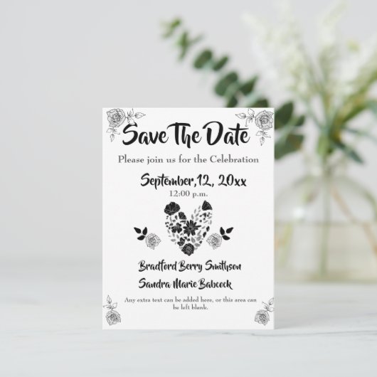 Chic Simple Black en White Floral Heart Wedding Save The Date (Staand voorkant)