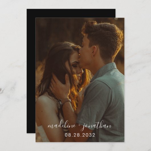 Chic Simple Elegant Script Black Photo Wedding Kaart (Voorkant / Achterkant)