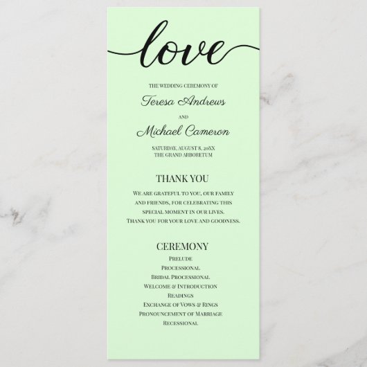 Chic Simple Mint Green Wedding Love Script Programmakaart (Voorkant)
