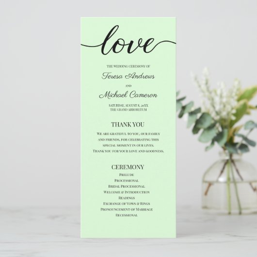 Chic Simple Mint Green Wedding Love Script Programmakaart (Staand voorkant)