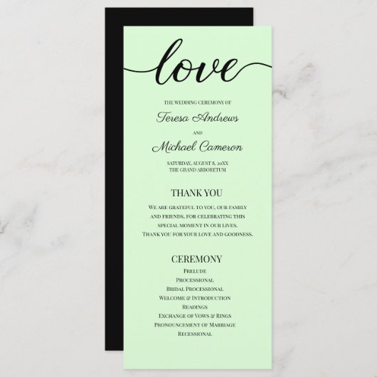 Chic Simple Mint Green Wedding Love Script Programmakaart (Voorkant / Achterkant)