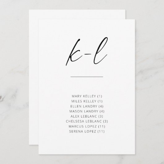 Chic Simple Modern Script Alfabetical Seating K-L (Voorkant / Achterkant)