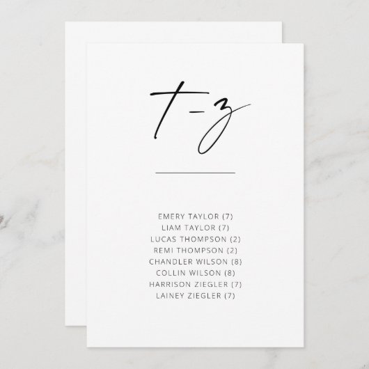 Chic Simple Modern Script Alfabetical Seating T-Z (Voorkant / Achterkant)