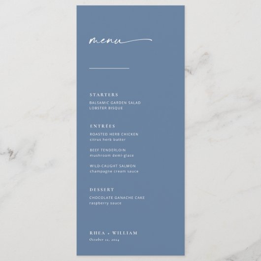 Chic + Simple Modern Script Wedding Menu | Blauw (Voorkant)