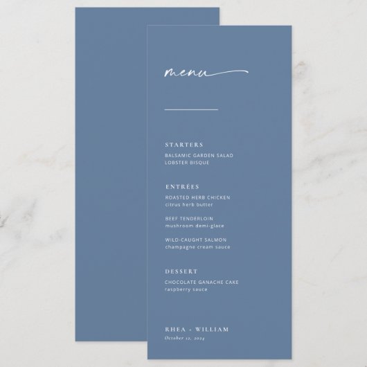 Chic + Simple Modern Script Wedding Menu | Blauw (Voorkant / Achterkant)