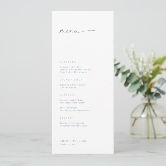 Chic + Simple Modern Script Wedding Menu | Blauw (Staand voorkant)
