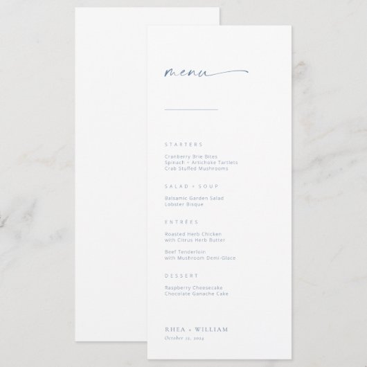 Chic + Simple Modern Script Wedding Menu | Blauw (Voorkant / Achterkant)