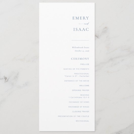Chic + Simple Modern Script Wedding Program | Blau Menu (Voorkant)