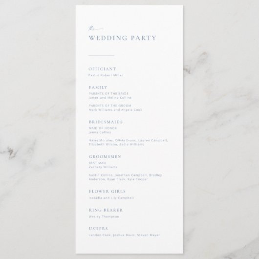 Chic + Simple Modern Script Wedding Program | Blau Menu (Achterkant)