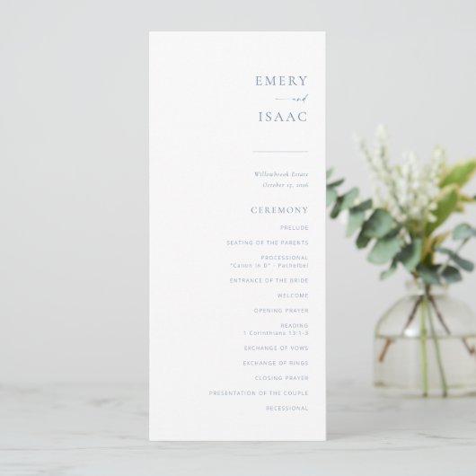 Chic + Simple Modern Script Wedding Program | Blau Menu (Staand voorkant)