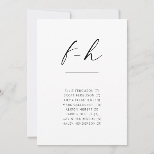Chic Simple Moderne Script Alfabetical Seating F-H (Voorkant)