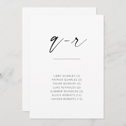 Chic Simple Moderne Script Alfabetical Seating Q-R (Voorkant / Achterkant)