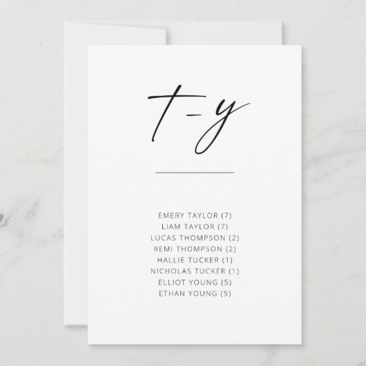 Chic Simple Moderne Script Alfabetical Seating T-Y (Voorkant)