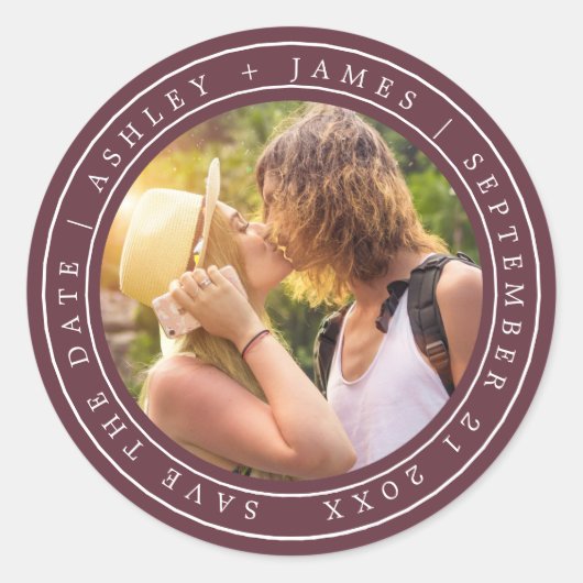 Chic Simple Save the Date Trouwfoto Burgundy Ronde Sticker (Voorkant)