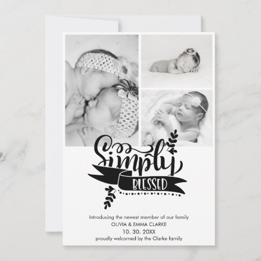 Chic Simply Blessed 3 Photo Birth Announding (Voorkant)