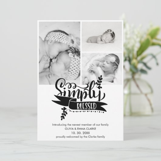 Chic Simply Blessed 3 Photo Birth Announding (Staand voorkant)