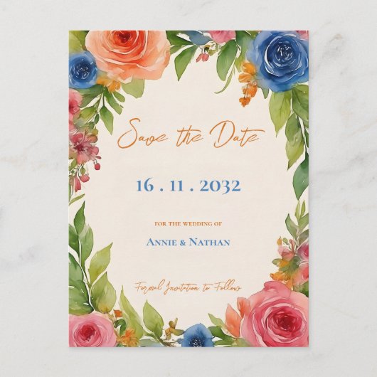 Chic Sinaasappel Blauwe Bloemen Bloei Bloemen Bloe Aankondigingskaart (Voorkant)