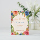 Chic Sinaasappel Blauwe Bloemen Bloei Bloemen Bloe Aankondigingskaart (Staand voorkant)