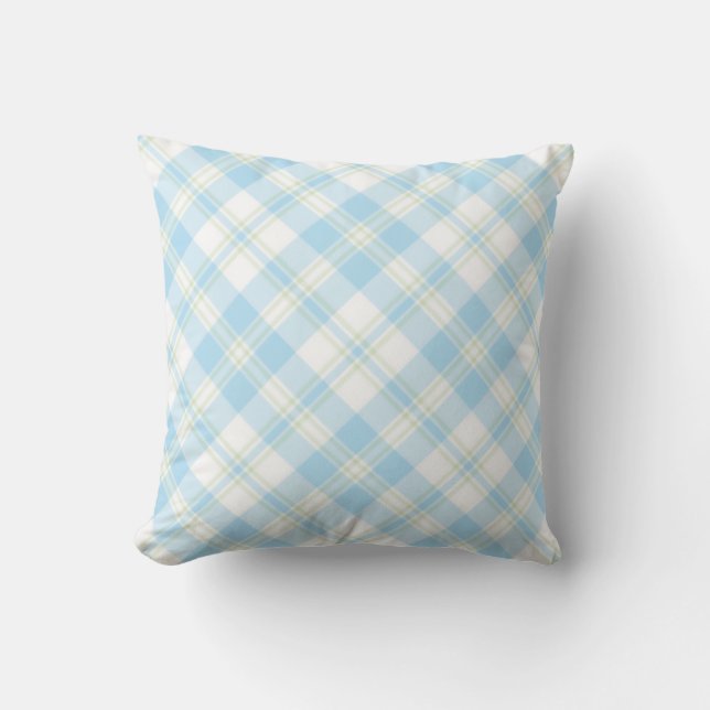 Chic Sky Blue, Green and White Check Pattern Kussen (Voorkant)