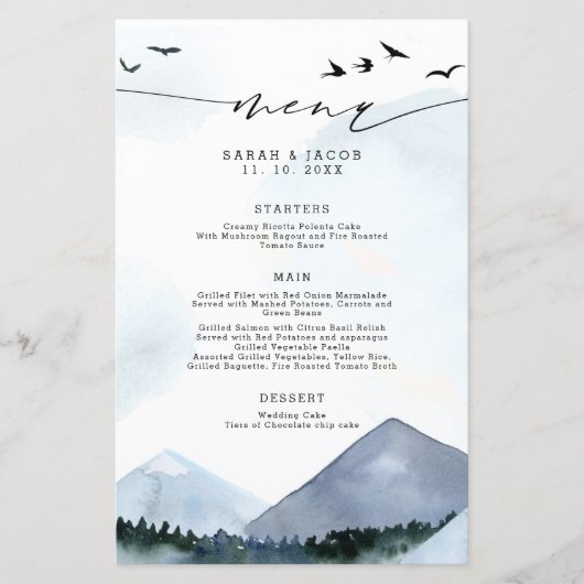 Chic Slate Blue Mountains Script Weddenmenu (Voorkant)