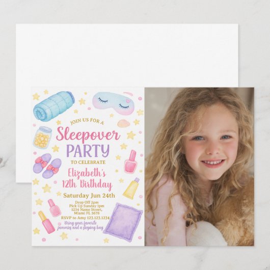 Chic Sleepover Verjaardag Uitnodiging met foto (Voorkant / Achterkant)